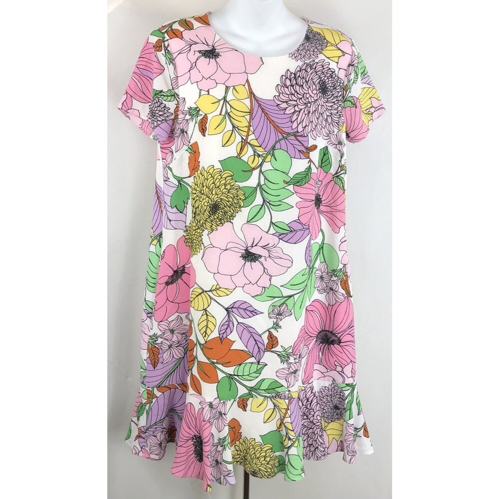Clover & Sloane Midi Dress 8 Pink Floral Drop Waist Ruffle Hem Pockets Art Retro
